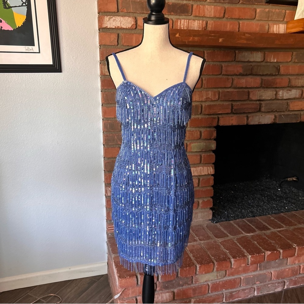 VTG AJ Bari Beaded Fringe Sleeveless Silk Dress in Purple Blue Sz 6 Swifties